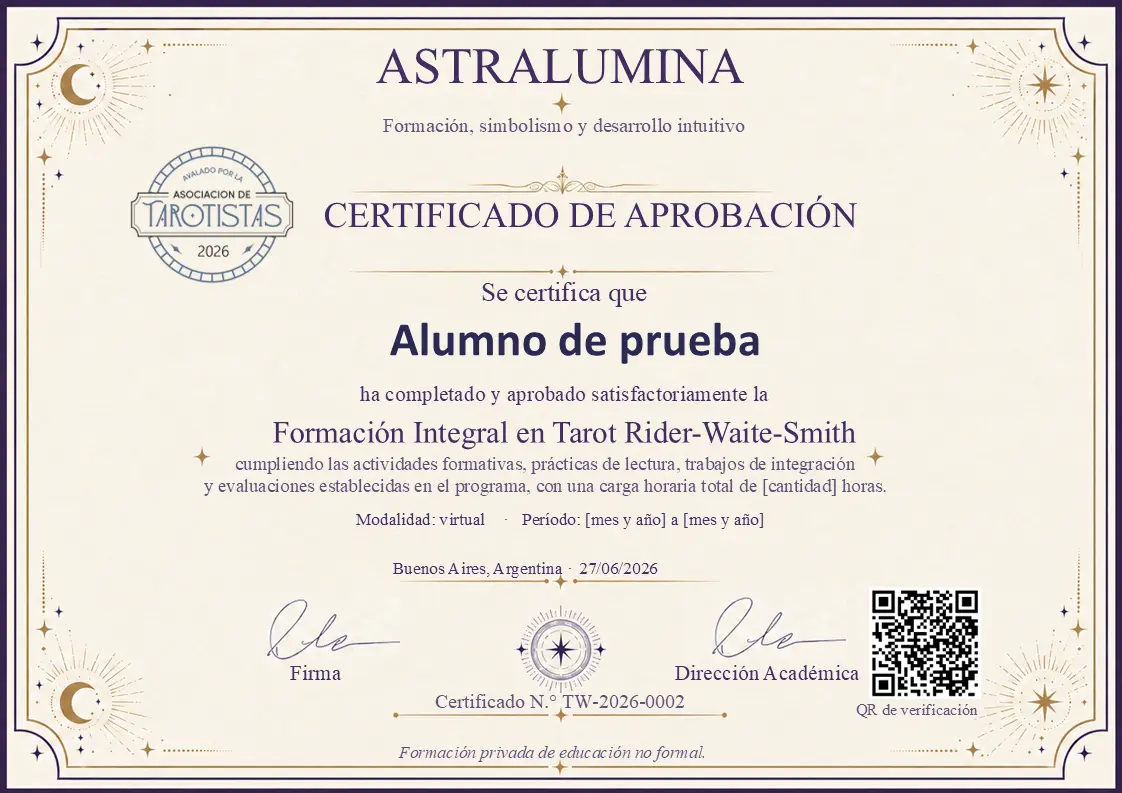 Modelo de certificado de aprobación de la Formación Intensiva de Tarot Waite Smith de AstraLumina