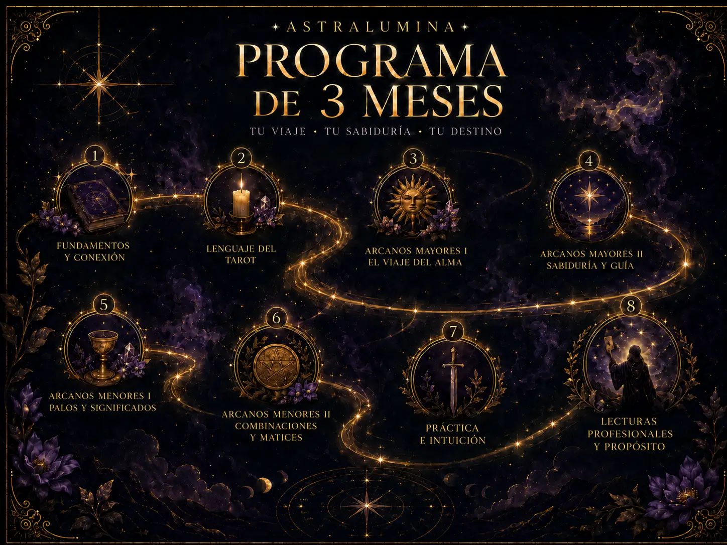 Cronograma ilustrativo de la cursada de Tarot Waite Smith · AstraLumina